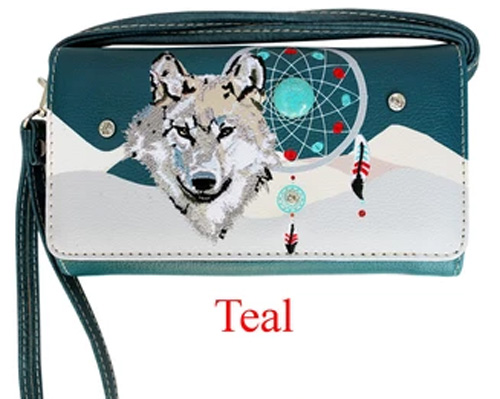 Wholesale WALLET Purse Long Strap Wolf with Dream Catcher Teal
