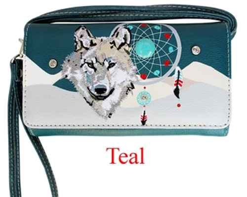 Wholesale Wallet Purse Long STRAP Wolf with Dream Catcher Teal