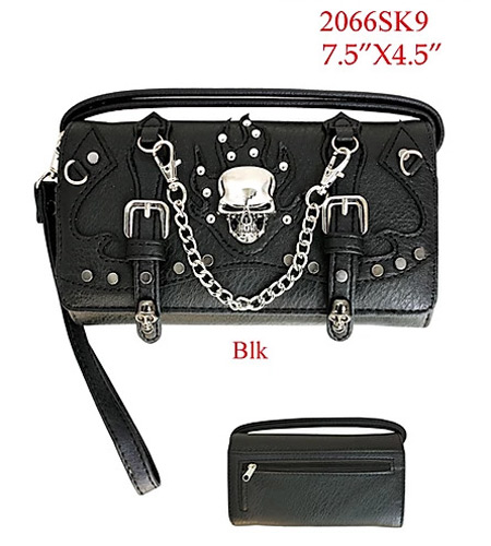 Wholesale WALLET Purse Long Strap Skull with Chains Black
