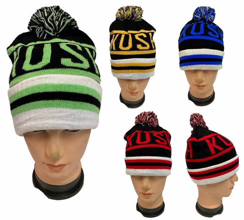 Knitted Pompom Kush Block Letter Fleece Lined Winter BEANIE Hats