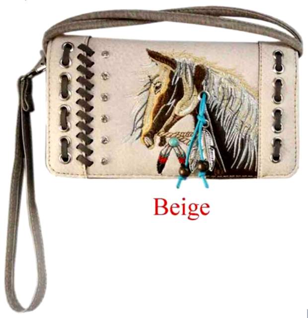 Wholesale Rhinestone WALLET Purse with Horse Embroidery Beige