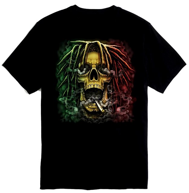 Wholesale Black color Tshirt RASTA Smoking SKULL PLUS size