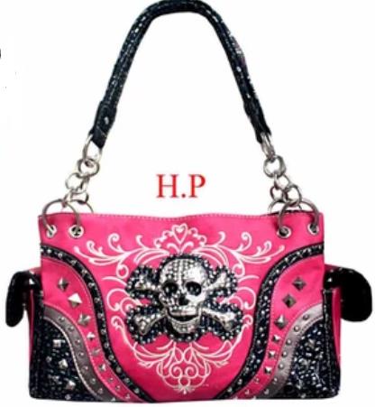 Wholesale Rhinestone Skull SATCHEL Purse Hot Pink with GUn pocket