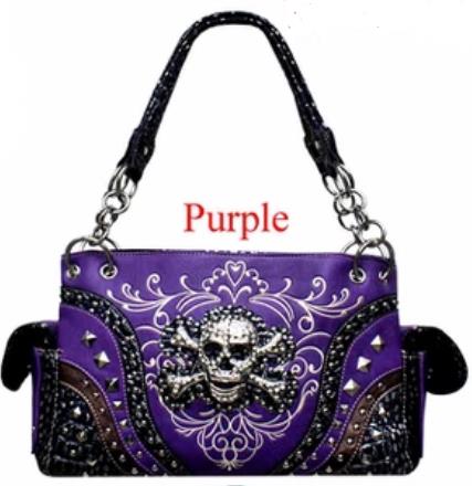 Wholesale Rhinestone SKULL Satchel Purse with gun pocket purple