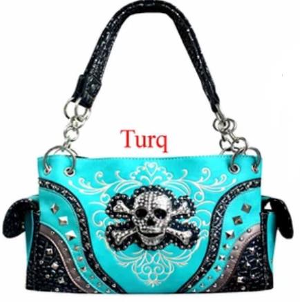 Wholesale Turquoise RHINESTONE Skull Satchel PURSE /w gun pocket