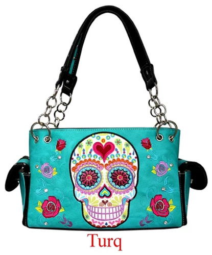 Wholesale Embroidery Flower Sugar Skull Purse Turquoise