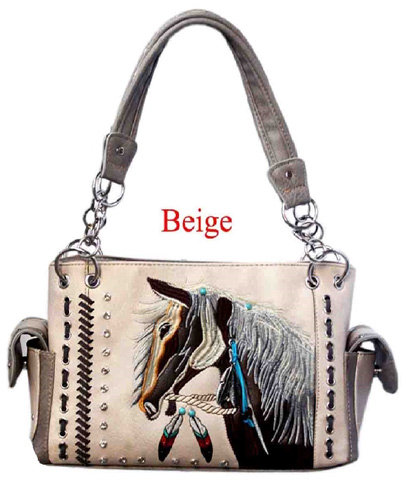 Wholesale Beige Embroidered Horse SATCHEL Purse with gun pocket