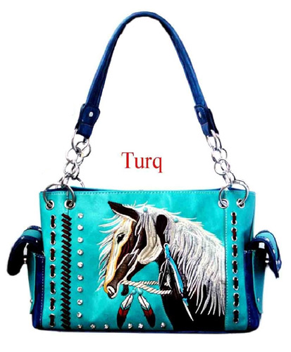 Wholesale Rhinestone Embroidery Horse Design Purse Turquoise
