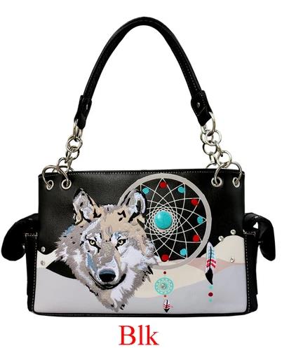 Wholesale Embroidery Wolf with Dream Catcher Purse Black
