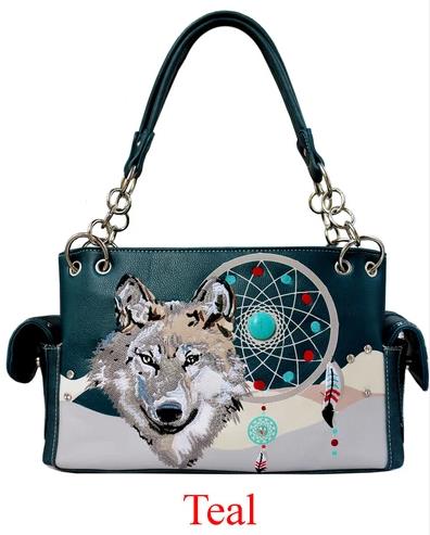 Wholesale Embroidery Wolf with Dream Catcher Purse Teal