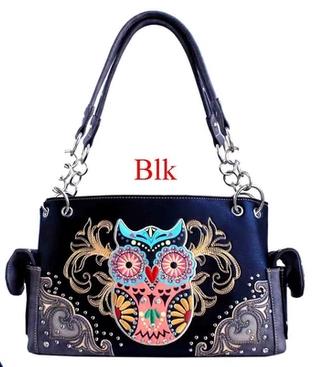 Wholesale Rhinestone Embroidery Owl Design PURSE Black