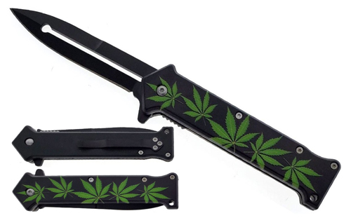 Wholesale Spring Assisted KNIFE 3.5'' Marijuana On Black Graphic