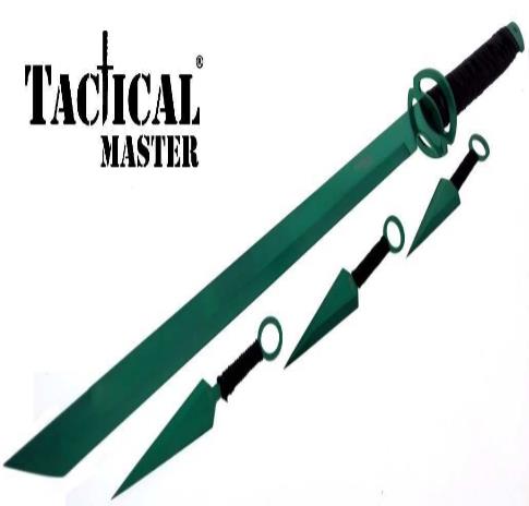 26'' Samurai Style Ninja Machete with THROWING Knives Kit - Green