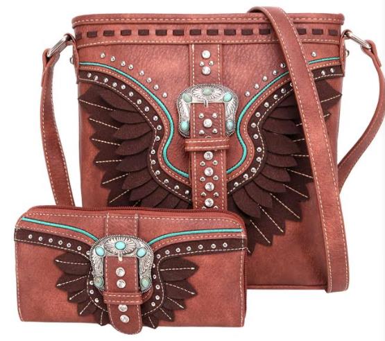 Buckle & Feather Style Cross body with match WALLET set Brown