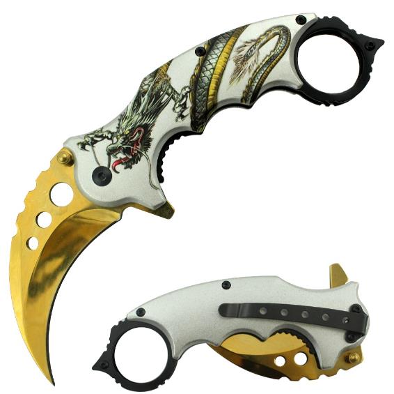 7'' overall spring assisted Karambit Knife with DRAGON graphic