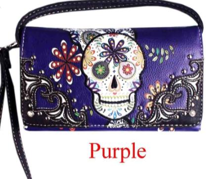 Wholesale Purple Sugar SKULL Wallet Purse with long strap