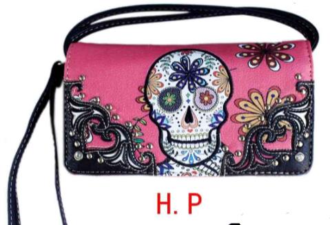 Wholesale Pink Sugar Skull Wallet Purse with long strap