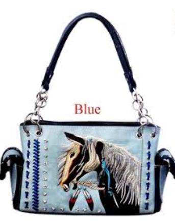 Wholesale Blue Embroidered Horse Satchel PURSE with gun pocket