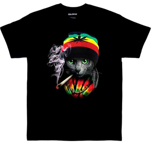 Wholesale Rasta Marijuana Leaf Smoking Black Cat SHIRTs