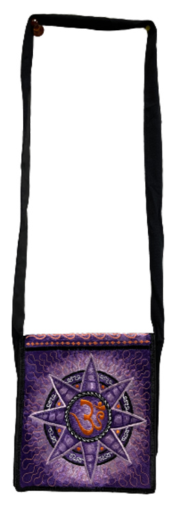 silk embroidered PEACE sign purple small handmade sling bag