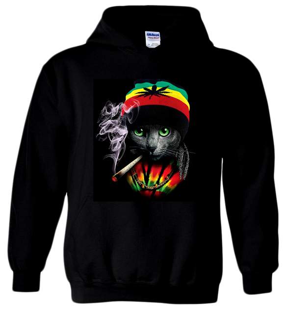 Rasta Marijuana Leaf Smoking Black Cat Black color HOODY PLUS