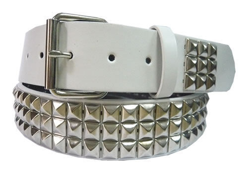 3 row silver pyramid on white BELTs adult sizes