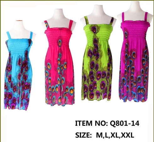 Wholesale Simple Strap peacock Printed Dresses Assorted