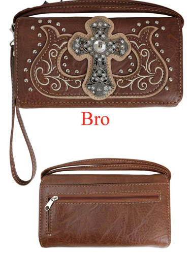 Wholesale RHINESTONE Studded Cross Wallet PURSE Brown