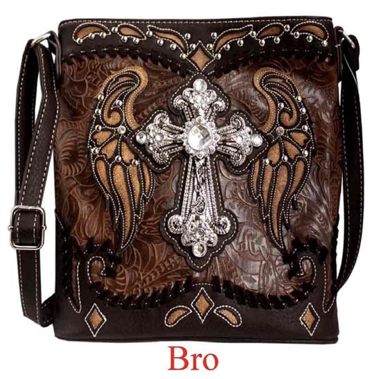 Wholesale RHINESTONE Sling PURSE Cross Angel Wings Brown