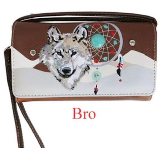 Wholesale Wallet PURSE Long Strap Wolf with Dream Catcher Brown