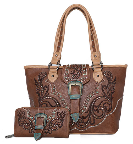 American Bling BOOT Scroll Concealed Carry Tote Wallet Set Brown