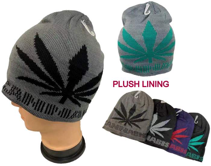 Plush-Lined Knit BEANIE Marijuana-Large Leaf