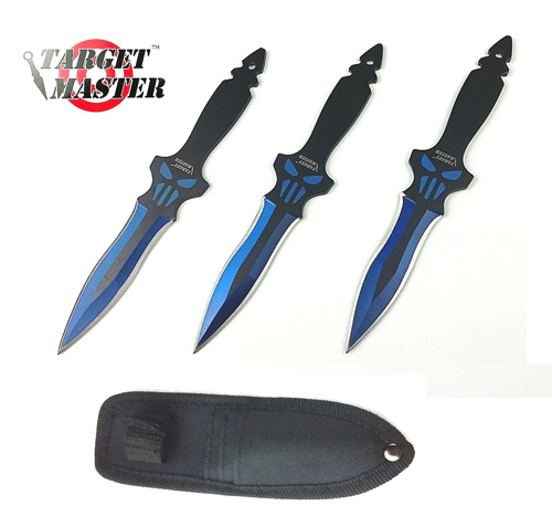6'' Overall 3 PC Blue THROWING KNIFE Set w/ Sheath