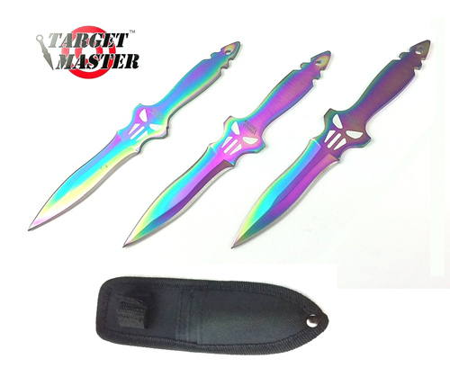 6'' Overall 3 PC Rainbow THROWING KNIFE Set w/ Sheath