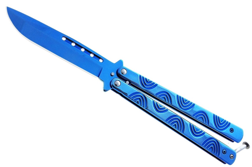 BUTTERFLY KNIFE: Blue 4''stainless steel Blade / 5.25 handle