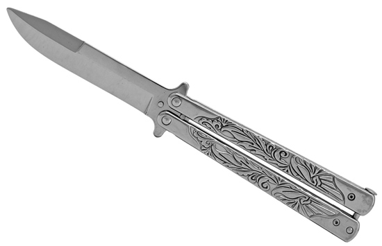 BUTTERFLY KNIFE: Chrome 4'' Drop Point Blade / 5'' Metal Handle  w/
