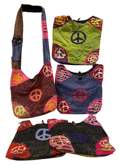 Tie dye peace sign RAZOR cut corners Nepal handmade hobo bags