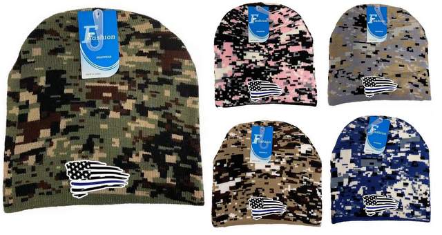 Wholesale Camo color Winter BEANIE Black the Blue USA Flag