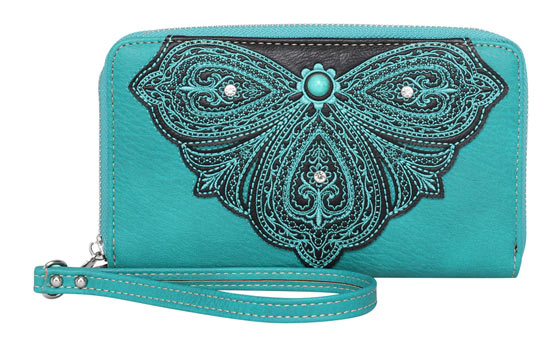 Montana west Rhinestone Embroidery Flower WALLET Turquoise Black