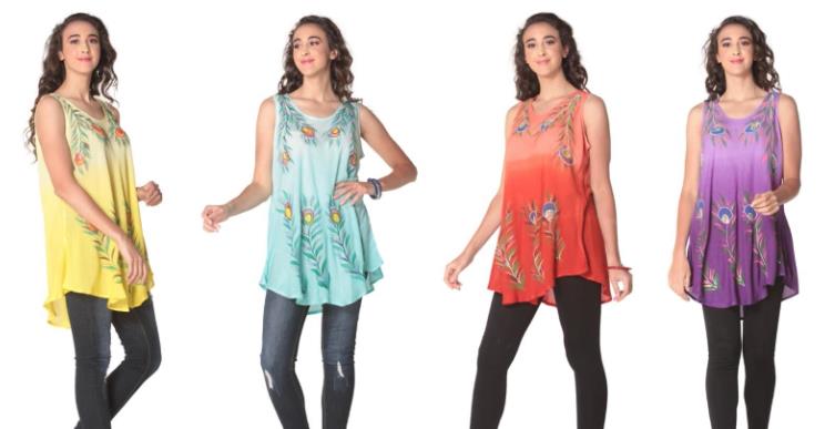 Wholesale Tie Dye Rayon TOPs with Peacock Feather Prints