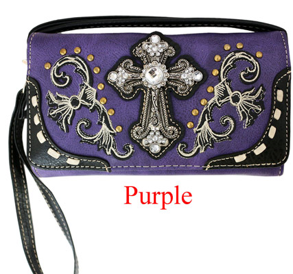 Wholesale Rhinestone Wallet PURSE Cross Design Purple