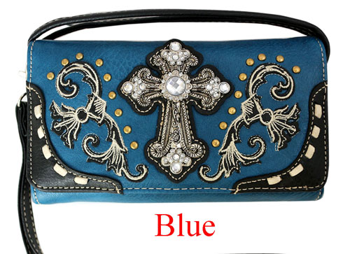 Wholesale RHINESTONE Wallet PURSE Cross Design Blue