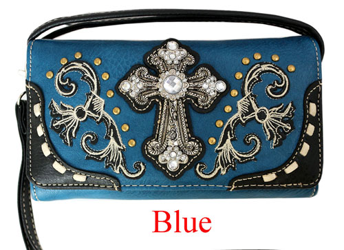 Wholesale Rhinestone Wallet PURSE Cross Design Blue