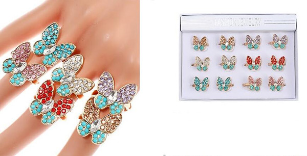 Wholesale Rhinestone studded Butterfly Colorful RING