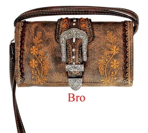 Wholesale Buckle Wallet PURSE with Embroideries Brown