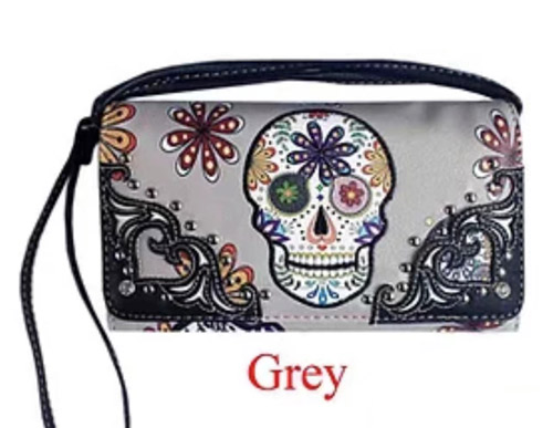 Wholesale Grey Sugar Skull Wallet Purse with long STRAP