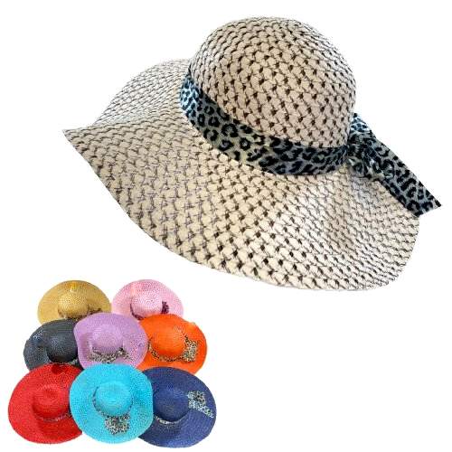 LADIES Vented Weave/Leopard Print Bow Woven Summer Hat