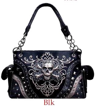 Wholesale Rhinestone Skull Western Satchel PURSE with gun pocket