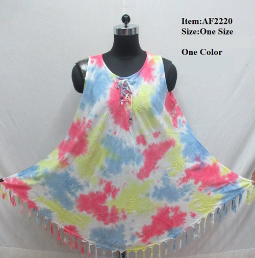 Wholesale Rayon Pastel Tie Dye Umbrella Self Fabric fringes DRESS