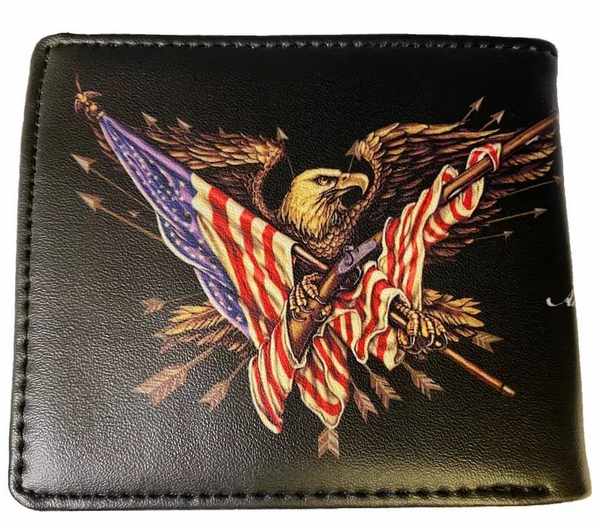 Man Bi-Fold Faux LEATHER WALLET (USA Flag Eagle 2ND Amendment)
